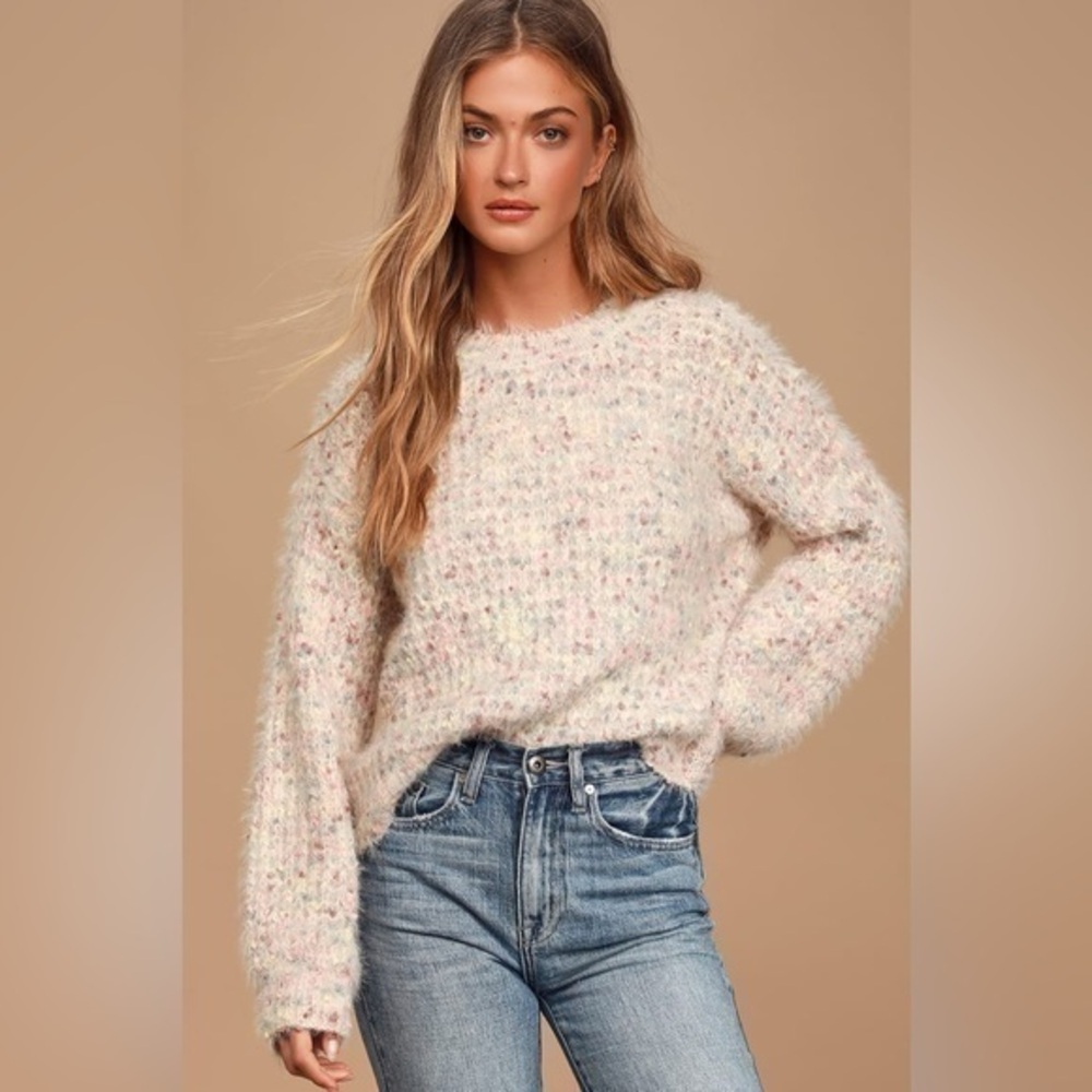 Lush Lovely Time Blush Pink Multi Fuzzy Knit Sweater Sz XS